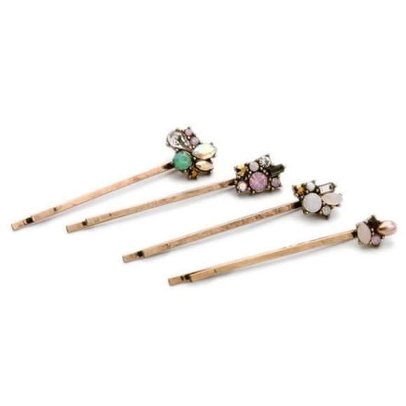 Set of 4 Green Pink White Rhinestones Bronze Hair Clips - Picture 1 of 4